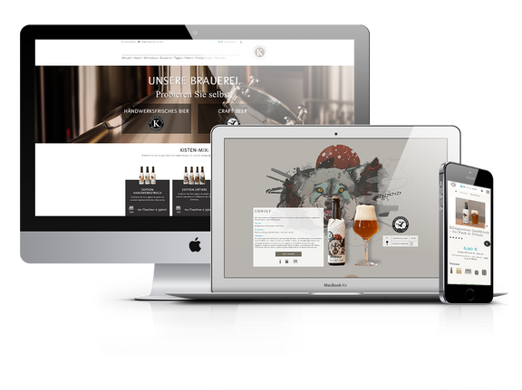 Respnsive Darstellung eines Brauerei-Onlineshops auf einem Desktop-PC, Laptop und einem Iphone